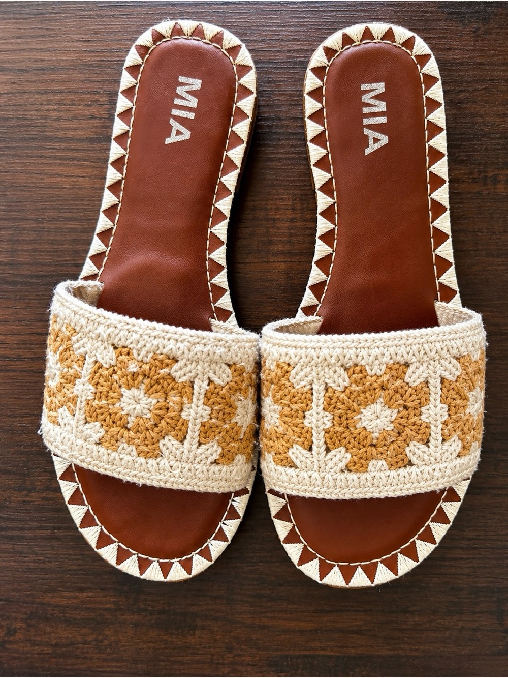 MIA Crochet Slide Sandals in Cream and Brown